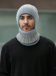 2 件套：1 顶男士无檐便帽 + 1 条围巾，蓬松翻边竖条纹护耳针织帽，保暖防风冬季户外休闲头饰 - A - 查看 24