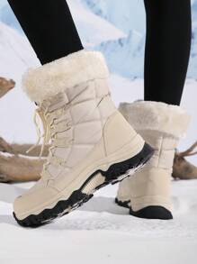 New Winter Plus Size High Top Anti-Skid Tall Boots, Thermal Lined Thick Women's Snow Boots, Fashion Warm Shoes For Outdoor Hiking, Ladies Brown Lace-Up Mid-Calf Boots, Travel Boots, Brown Snow Boots, Winter Fluffy Boots, Outdoor Sports Hiking Boots, Couples Travel Boots, Skiing Boots, Climbing Boots