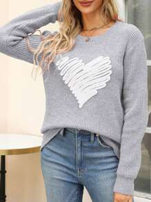Women's Love Heart Pullover Sweater Long Sleeve Crewneck Sweater Oversized Knit Sweater Valentine's Day Sweater - Grey - View 6