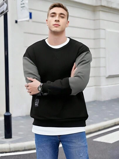 Suéter de color sólido simple para hombre, sudadera de polar con cuello redondo informal para hombre, sudadera de invierno para hombre, diseño con bloques de color, con un forro cálido, adecuado para usar en otoño e invierno, un gran regalo para amigos, esposos o novios.