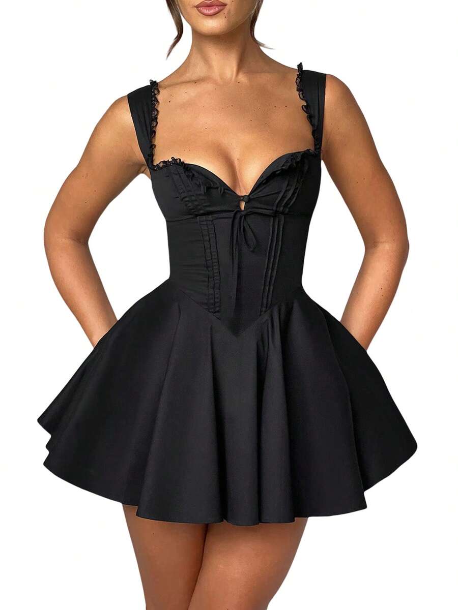 Women's Mini Corset Dress A-Line Deep V Neck Backless Ruffle Hem Sleeveless Dress For Party Club - màu đen - Xem 1