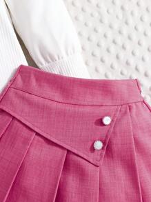 Young Girls Spring/Autumn Long Sleeve Round Neck Bowknot Butterfly Print T-Shirt + Solid Color Button Decorated Short Pleated Skirt Casual 2-Piece Outfit