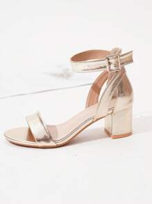 女士搭扣中跟防滑模压鞋底罗马凉鞋，新款时尚派对金色金属光泽高跟鞋，春夏装扮 - 金色 - 查看 7