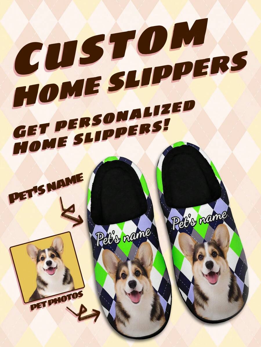 Women's Custom Pet's Name Home Slippers, Pet's Photo Green Square Designed Lightweight Comfortable Soft Bottom Name Slippers For Women, Personalized Fun Gift For Mom/Dad/Her/Him/Girlfriend/Boyfriend/Wife/Husband/Friend - Black - View 1