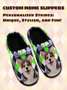 Women's Custom Pet's Name Home Slippers, Pet's Photo Green Square Designed Lightweight Comfortable Soft Bottom Name Slippers For Women, Personalized Fun Gift For Mom/Dad/Her/Him/Girlfriend/Boyfriend/Wife/Husband/Friend - Black - View 3