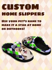 Women's Custom Pet's Name Home Slippers, Pet's Photo Green Square Designed Lightweight Comfortable Soft Bottom Name Slippers For Women, Personalized Fun Gift For Mom/Dad/Her/Him/Girlfriend/Boyfriend/Wife/Husband/Friend - Black - View 4
