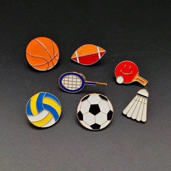 Serie sportiva elegante accessorio, spilla in metallo design di racchetta, pallone da calcio, badminton, palla da rugby, pallacanestro, racchetta da ping pong, spilla distintivo alla moda, regalo per vacanze zaino da scuola
