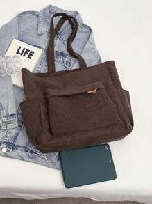 女士时尚纯色多口袋手提包，大容量休闲户外度假旅行单肩包，轻便多功能购物杂货收纳手提包，简单的日常通勤斜挎包，适合上学和工作使用 - 咖啡棕 - 查看 6