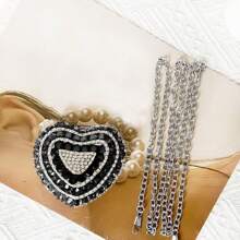 Heart Shaped Lipstick Cosmetic Bag, Sophisticated Evening Bag With Chain And Diamonds Encrusted - 黑色 - 查看 1