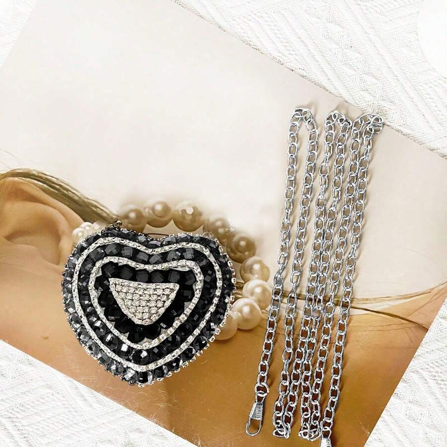 Heart Shaped Lipstick Cosmetic Bag, Sophisticated Evening Bag With Chain And Diamonds Encrusted - 黑色 - 查看 1
