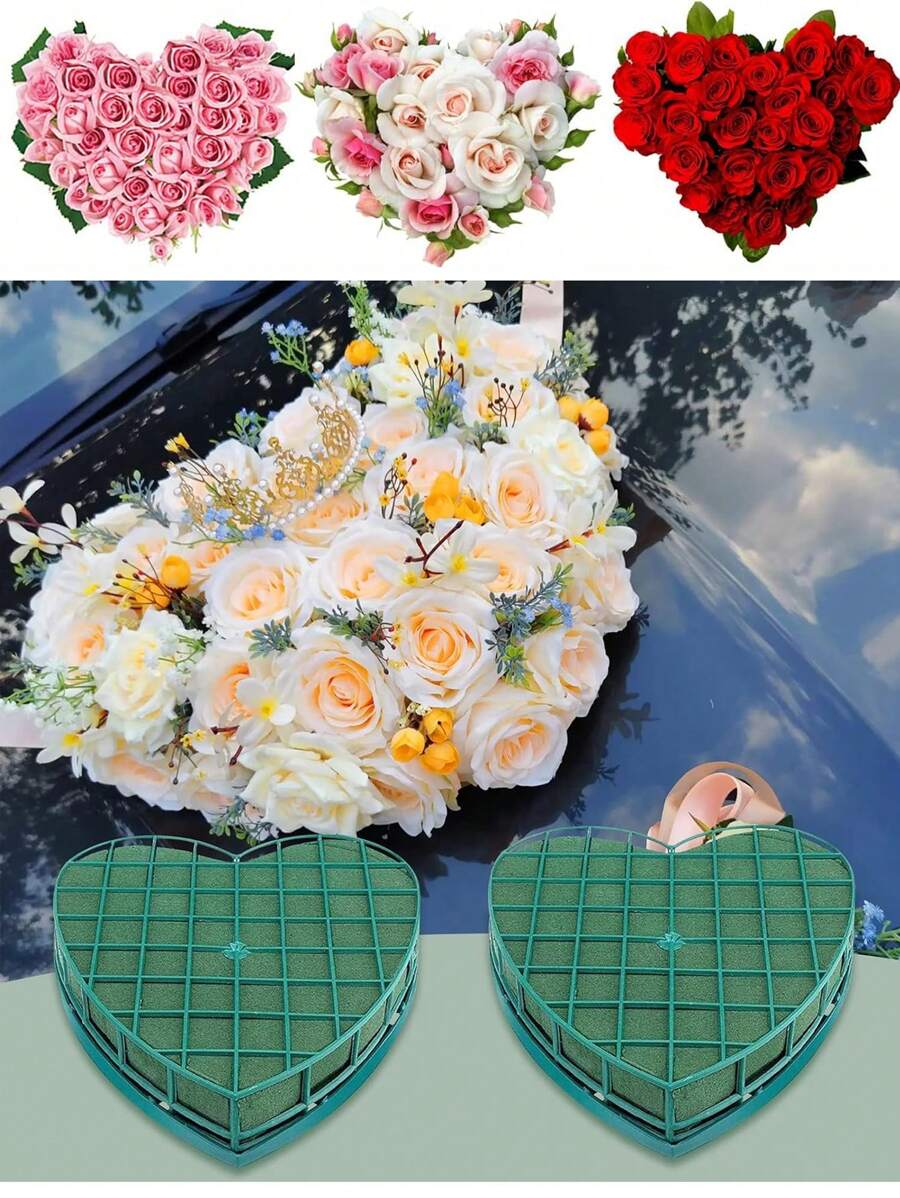 1pc Floral Foam Blocks Heart Shaped Wet Floral Bricks With Suction Cup,Flower Foam Cage Artificial Floral Arrangements Mud,For Florist,Wedding Car Decoration,Party Table Centerpiece Decoration. - Green - View 1