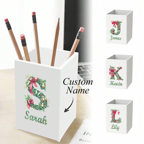 Organizador de escritorio personalizado con soporte para bolígrafos de acrílico, para oficina, estudio y hogar, taza multifuncional para lápices y portaobjetos para papelería resistente, con diseño personalizado con tema navideño, soporte compacto y elegante para brochas de maquillaje