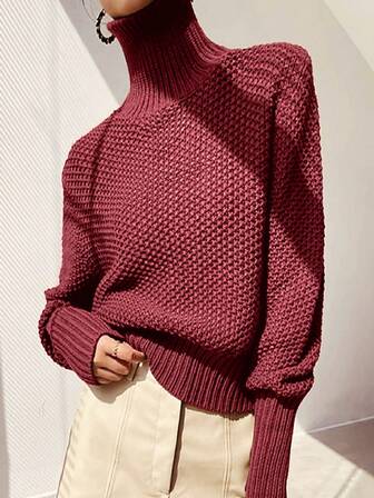 Women's Solid Color Long Sleeve Minimalist Turtleneck Sweater, Casual Everyday Wear