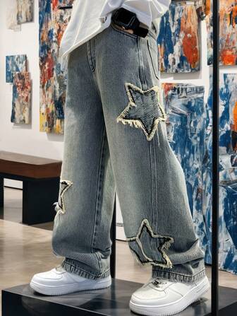 Tween 男童复古直筒阔腿牛仔裤，五角星拼接和原始下摆，宽松版型松紧腰牛仔裤，适合春、夏、秋季户外穿着 [随机五角星]