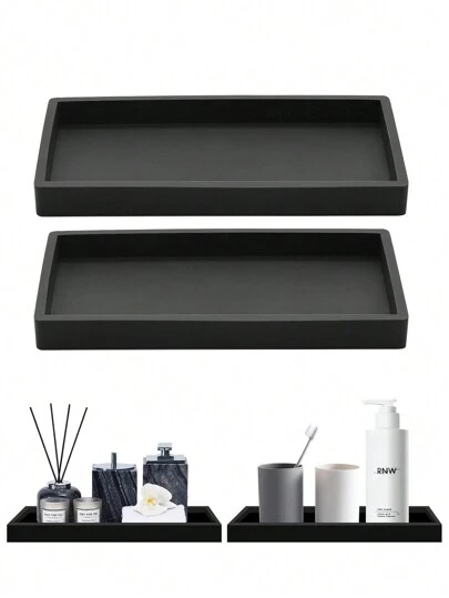 2pcs Set 7.9-Inch Black Bathroom Silicone Tray, Flexible Rectangular Soap Dish For Bathroom And Kitchen Countertop, Modern Minimalist Style Vanity Tray Storage Rack, Bathroom Accessories - Black Home Bathroom Decor Bathroom Organizer Fall Decor Back To School