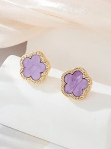 1 par de pendientes de trébol con incrustaciones de rhinestone de estilo de fiesta de moda para mujeres, regalo para fiesta - Morado - Ver 3