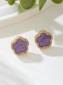 1 par de pendientes de trébol con incrustaciones de rhinestone de estilo de fiesta de moda para mujeres, regalo para fiesta - Morado - Ver 4