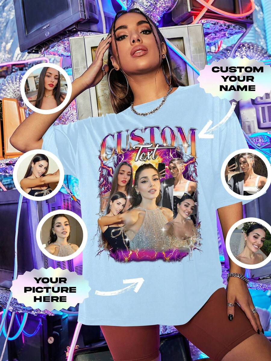 Customized Girlfriend T-Shirt For Christmas And Thanksgiving, Personalized Vintage Shirt With Girlfriend's Photo, Customize Your Own Creative Women's T-Shirt - Add Your Own Text And Images (Family Photo/Selfie/Pet Photo/Friends Photo/Party Photo), Customize Face, Logo | Business | Wedding Gift | Party | Birthday Gift - Baby Blue - View 1
