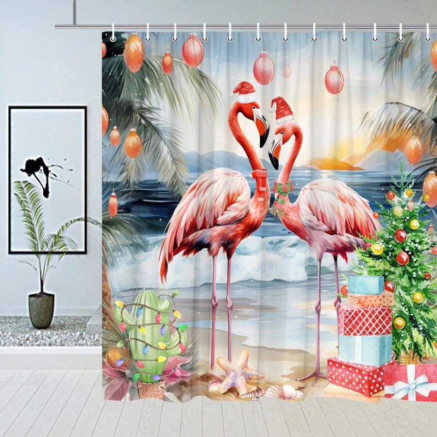 1 PC Christmas Shower Curtain Flamingo Xmas Tree Seaside Sea Waves Beautiful Bird Christmas Gifts New Year Holiday Decoration Bathroom Accessories Bath Batntub Partition Polyester Fabric Curtains With Hooks Home Bathroom Decor Fall Decor - Multicolor - View 1