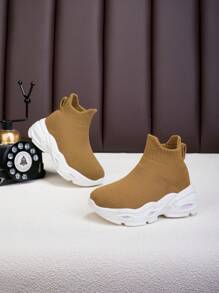 儿童高帮透气运动鞋，鞋底柔软防滑，时尚休闲步行运动鞋，棕色/白色，适合男孩和女孩 - 棕色 - 查看 4