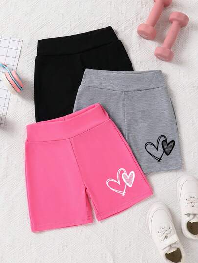 3pcs Young Girl Simple Heart Pattern Base Shorts Set