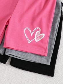 3pcs Young Girl Simple Heart Pattern Base Shorts Set