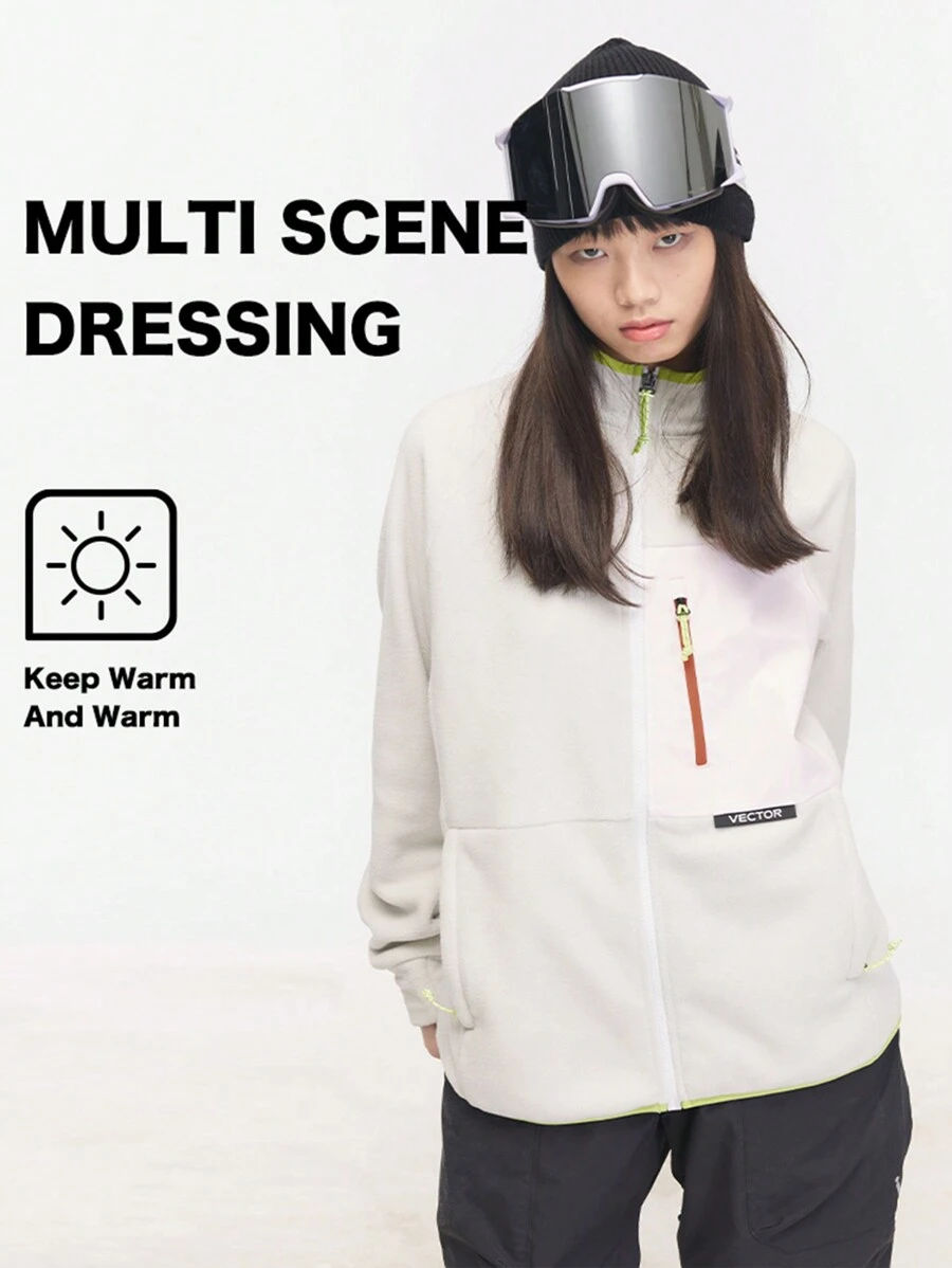 VECTOR MOTION Contrast-Color Outdoor Fleece Cardigan, Unisex, Ski Wear Inner Layer, Windproof, Warm, Moisture-Wicking, Breathable, Lightweight, Comfortable, For Single/Double Board Skiing,Skiing - White - View 1