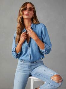 Women's Casual Turndown Collar Single-Breasted Dual-Pocket Long Sleeve Denim Shirt Top, Spring & Autumn - Blue - View 6