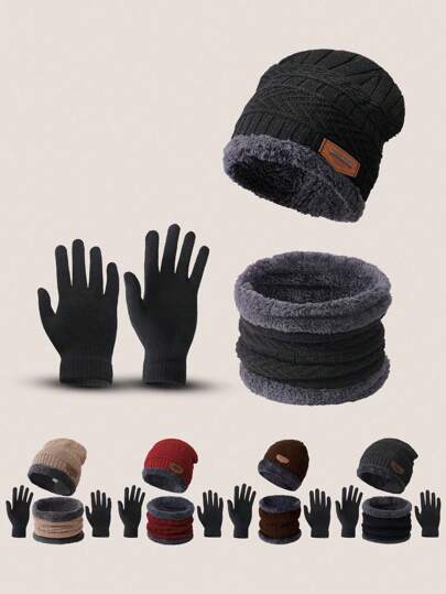 Conjunto de 3 peças de gorro de malha para inverno, aquecedor de pescoço, cachecol e luvas, combinação elástica de chapéu quente de camada dupla + cachecol + luvas, adequado para o aquecimento do inverno, presente de Natal, presente de Ano Novo, conjunto de aquecimento ao ar livre, cor do forro aleatória (estilo 1 - estilo 3, cor aleatória) Roupa de outono para Halloween