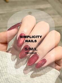 10 paquets d'ongles à presser faits main, faux ongles rouges purs scintillants avec effet œil de chat, faux ongles courts brillants en forme de cercueil pour femmes et filles, livrés avec 1 bande à froisser et 1 colle en gelée. Fournitures pour ongles - Rouge foncé - Voir 5