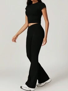 NcmRyu 2Piece Set Women's Solid Crop High Waist Biker Pants Tracksuit Set, Flare Bottoms Legging Streetwear Tracksuit, Sporty Breathable Comfy Outfits For Gym Workout Running, Ladies Sportswear, Minimalistic Outfit - 黑色 - 查看 5