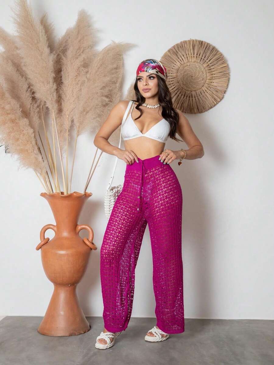 Women's Beach Pants Crochet Knitting Trousers Summer Skirt - 玫瑰紅 - 查看 1
