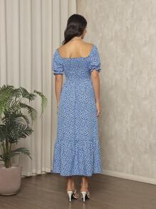 Long Dress With Puffed Sleeves Elastex Print - Blue - View 2