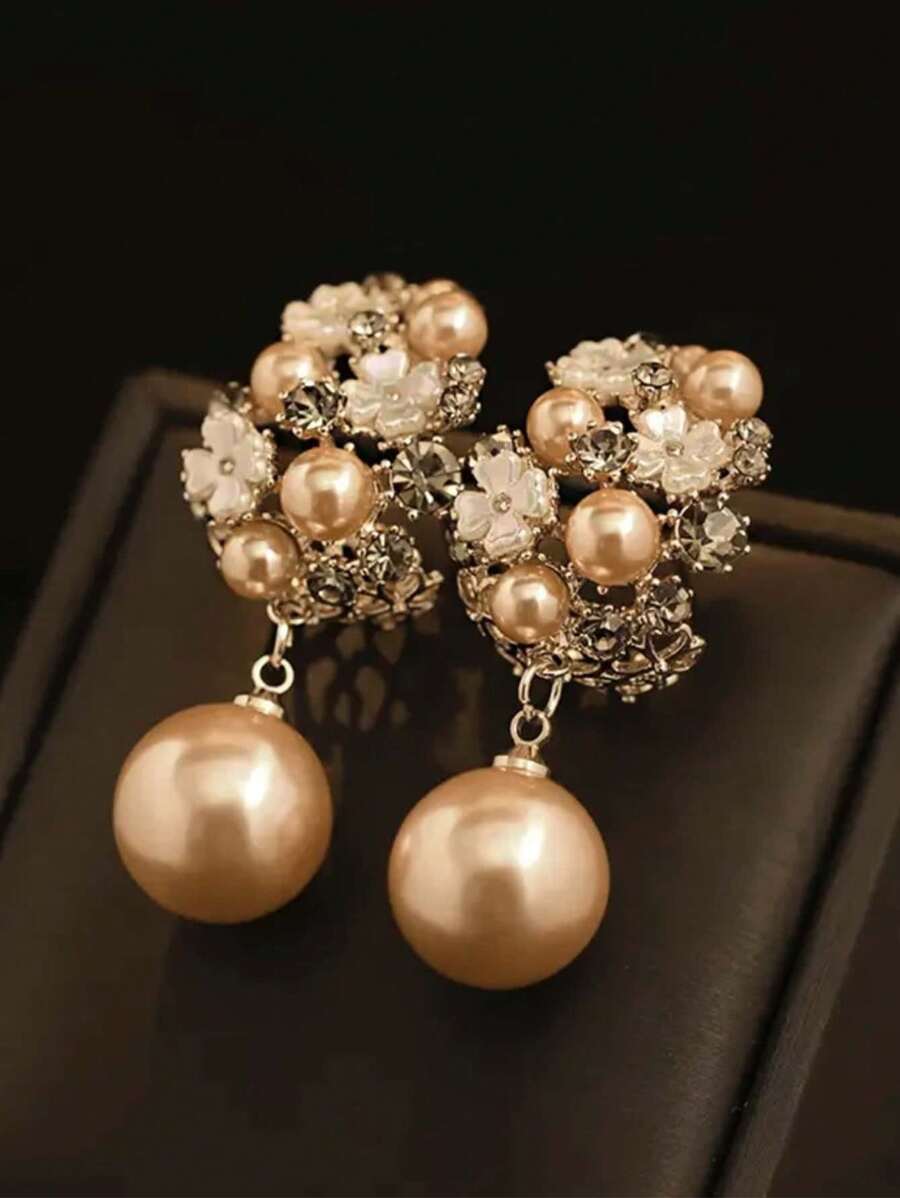 topshiny 1 Cặp Hoa tai ngọc trai phong cách cung điện sang trọng thanh lịch Hàn Quốc, trang sức hoa đính đá và tua rua cho phụ nữ, thích hợp cho trang phục cưới và dự tiệc - bông tai - Xem 1