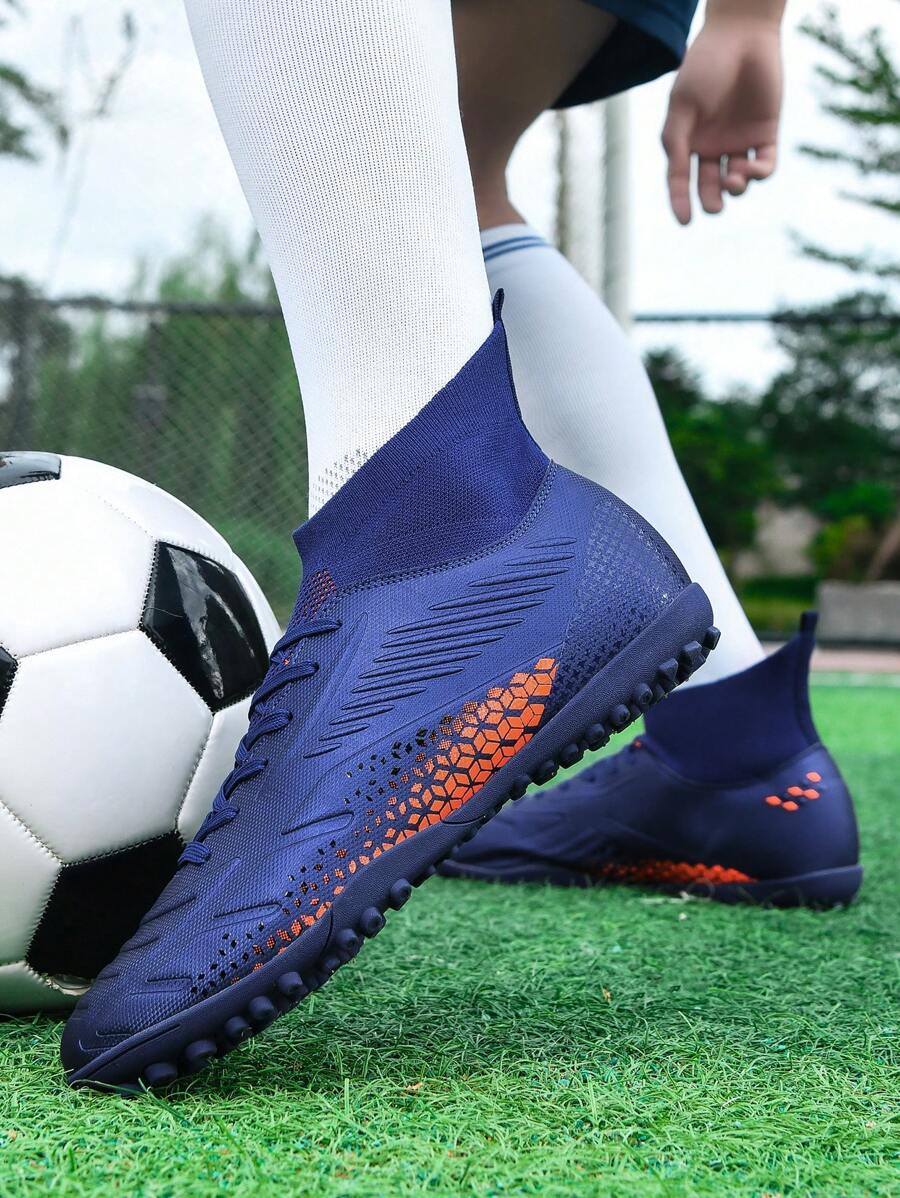 1 Pair Unisex Soccer Cleats For Training On Artificial Grass, High-Top Outdoor Sports Shoes, Front Lace-Up, Non-Slip Rubber Sole, Lightweight, High Performance Football Boots, Factory Direct - Dark Blue - View 1