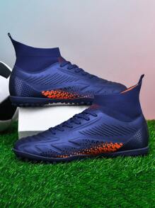 1 Pair Unisex Soccer Cleats For Training On Artificial Grass, High-Top Outdoor Sports Shoes, Front Lace-Up, Non-Slip Rubber Sole, Lightweight, High Performance Football Boots, Factory Direct - Dark Blue - View 2