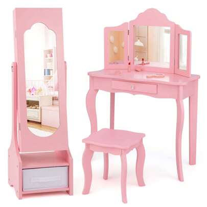 Lifezeal Kids Vanity Set Princess Makeup Dressing Table & Chair Set With Jewelry Armoire White/Pink