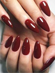 NAI OU 24 件短杏仁形纯酒红色假指甲，带 1 个指甲锉和 1 个果冻凝胶按压式指甲蜗牛用品