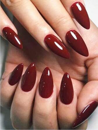 NAI OU 24 件短杏仁形纯酒红色假指甲，带 1 个指甲锉和 1 个果冻凝胶按压式指甲蜗牛用品