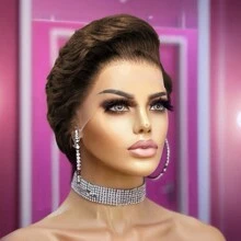 Peruka z koronką z przodu dla czarnoskórych kobiet, fryzura pixie, peruka z ludzkich włosów dla czarnoskórych kobiet, część 13x4x1T, koronka z przodu, peruki bezklejowe na walentynki, kostiumy na Halloween, peruka do codziennego użytku, krótka peruka dla kobiet, peruka z ludzkich włosów 4#, brązowa, krótka peruka z koronką pixie z grzywką z przedziałkiem na bok