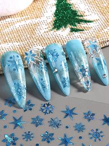 2 张雪花圣诞美甲贴纸蓝白雪花圣诞闪光美甲装饰自粘式 DIY 美甲贴纸 适合女孩女士美甲沙龙用品 - 彩色 - 查看 3