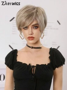 7JHH WIGS 女士金色短直发假发，带刘海，夏季自然造型合成纤维头发，香槟金色假发，适合日常使用，10 英寸 - 香檳色 - 查看 2