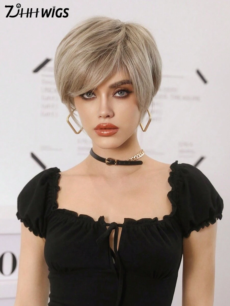 7JHH WIGS 女士金色短直发假发，带刘海，夏季自然造型合成纤维头发，香槟金色假发，适合日常使用，10 英寸