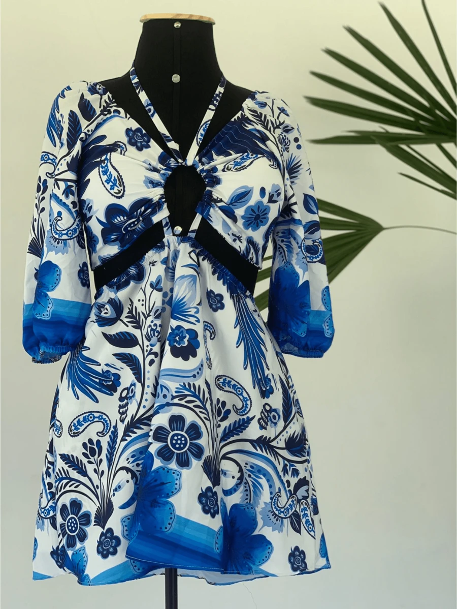Printed Summer Romper With Short Sleeves - Màu xanh lam - Xem 1