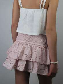 Women's Shirred Mini Skirt A-Line Pointelle High Waist Layered Ruffle Skirt For Summer Party Club - Pink - View 8