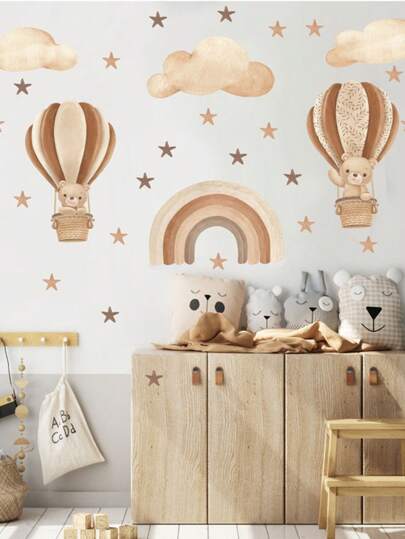 1pc PVC Hot Air Balloon Bear Wall Sticker, Hot Air Balloon Bear & Train Wall Decal For Bedroom, Children's Room, Living Room, Self-Adhesive Wallpaper, Girls/Boys Room Decor, Kids Room, Nursery Stickers