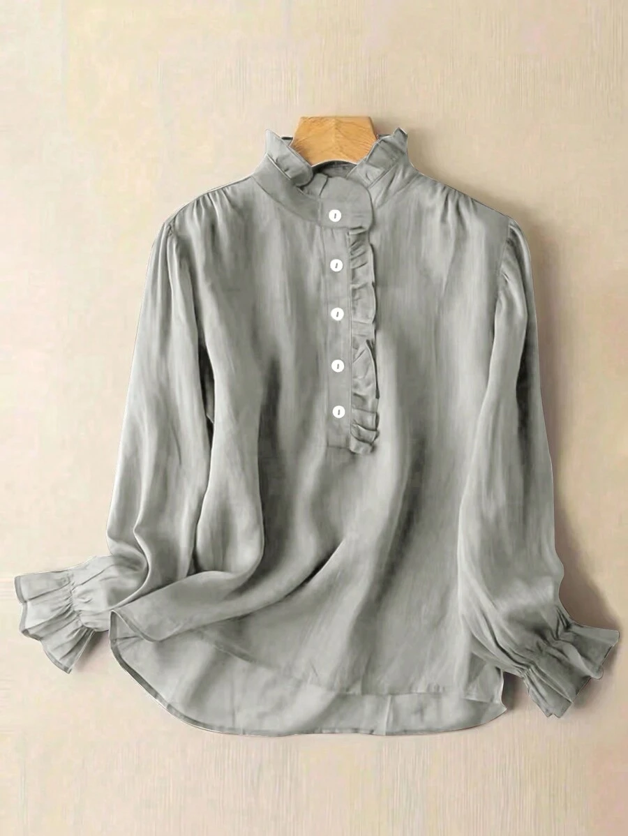 Women's Ruffled Collar Solid Color Casual Blouse, Simple And Fashionable For Everyday Wear Spring - Grey - View 1