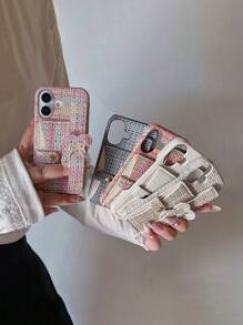 手机壳钱包编织心形图案卡夹腕带支架保护壳适用于 iPhone 11 12 13 14 15 16 系列 - 粉色 - 查看 6