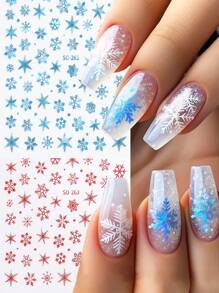 冬季雪花美甲贴纸 红蓝多样雪花圣诞指甲设计滑块自粘贴花 DIY 雪装饰（2 件）