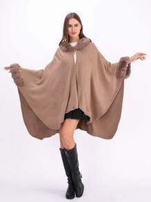 1pc Women's Multi-Color Faux Fur Hooded Windbreaker Poncho Outerwear, Warm And Suitable For Parties, Outings, Travel, Holidays, Christmas Gift - Cape - View 10